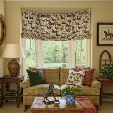 Living room with plaid sofa, decorative pillows, and a window with horse-themed curtain.